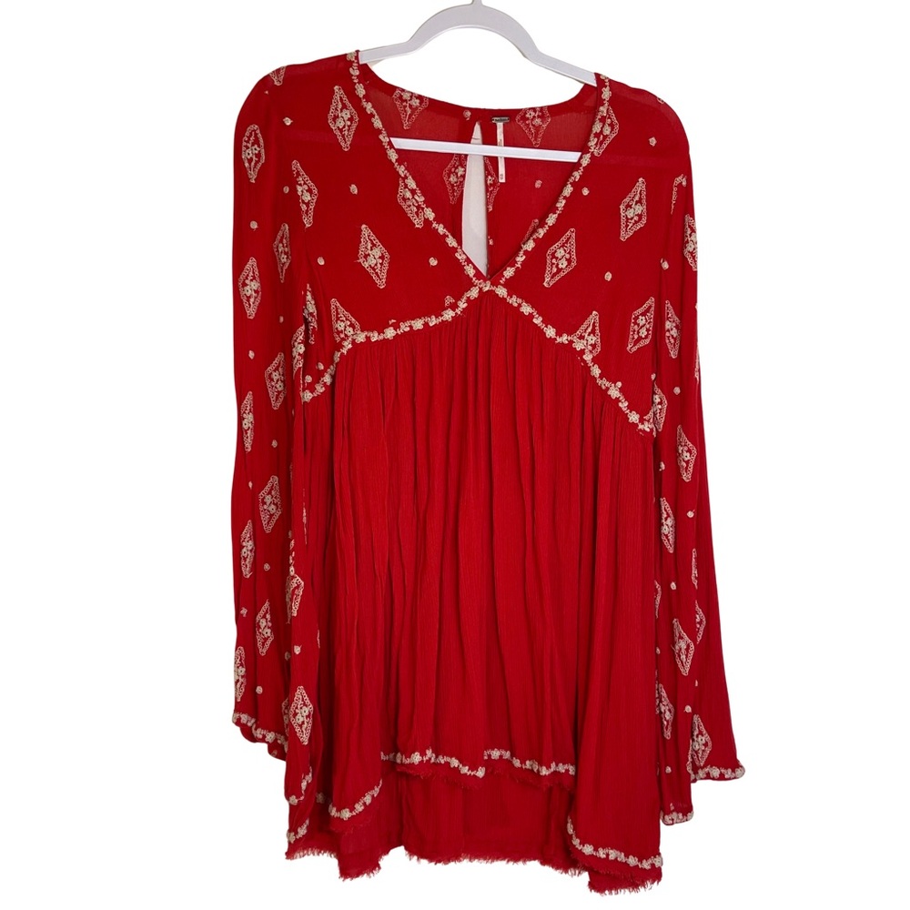 Free People Red Embroidered Babydoll Boho Tunic Bell Sleeves